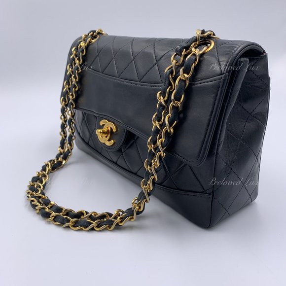 Authentic CHANEL Lambskin Double Chain Small Vintage Flap Black / Gold Hardware - Picture 8 of 17